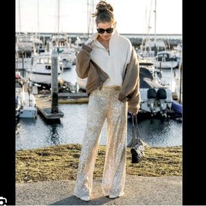 Deane Silver Sequin High Waisted Wide Leg pull on Trouser Pant